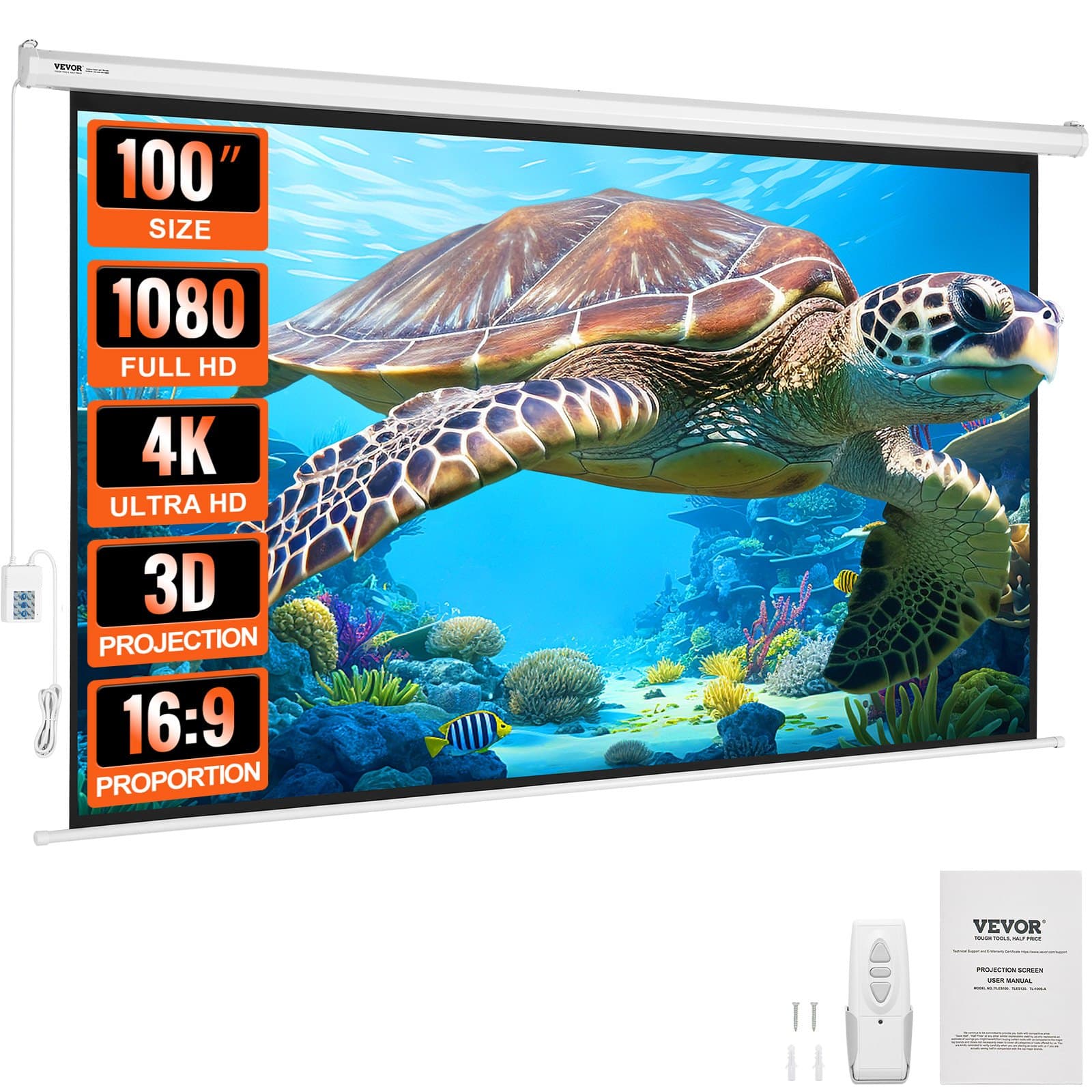 Прожекционен екран 100 инча / 254см. 16:9 4K 1080 HD с електрическо прибиране и спускане / за домашни кино