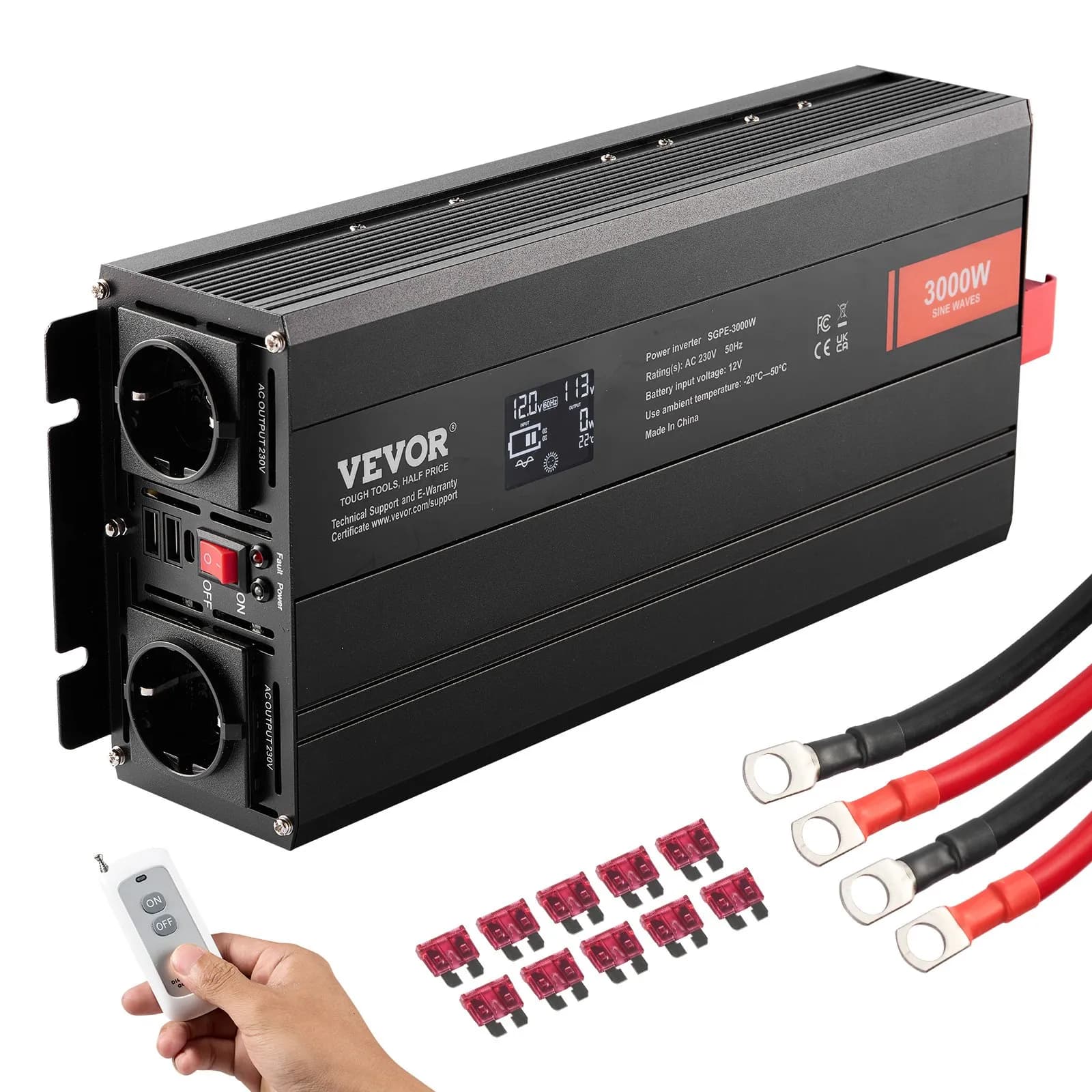 Инвертор с чиста синусоида, заявени 3000 W, 12 V → 230 V