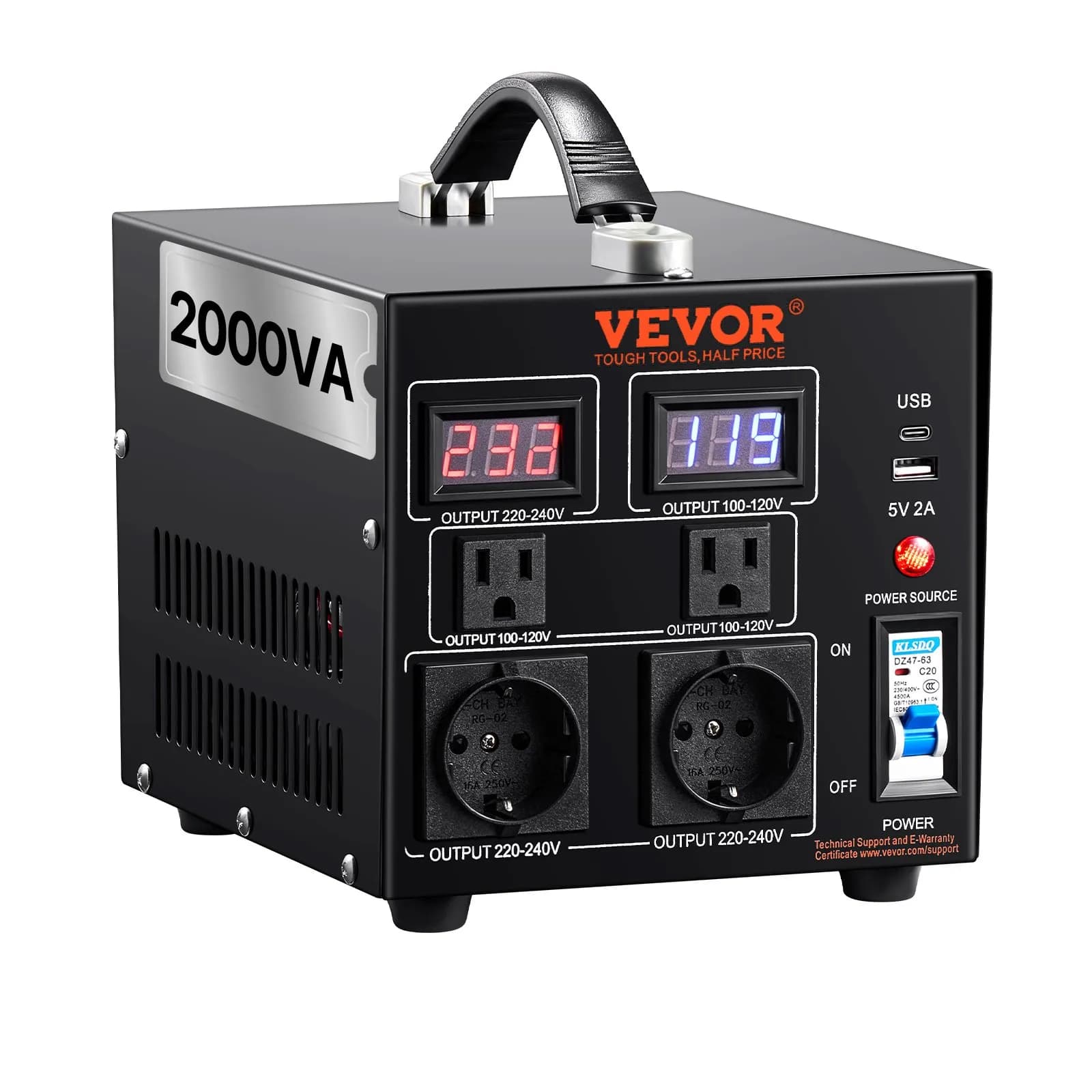 Двупосочен трансформатор 2000 VA, 110/220 V, с USB