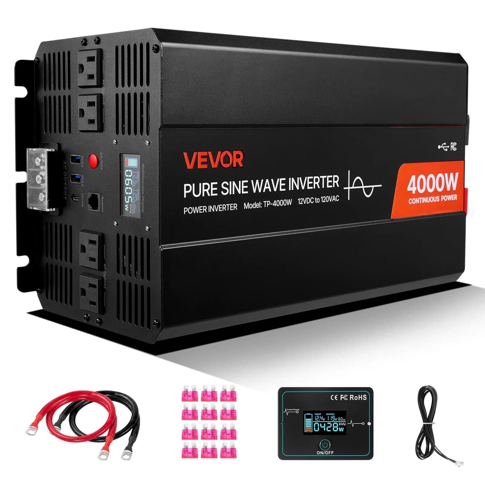 Инвертор с чиста синусоида – 4000 W DC 12V към AC 120V с USB/Type-C