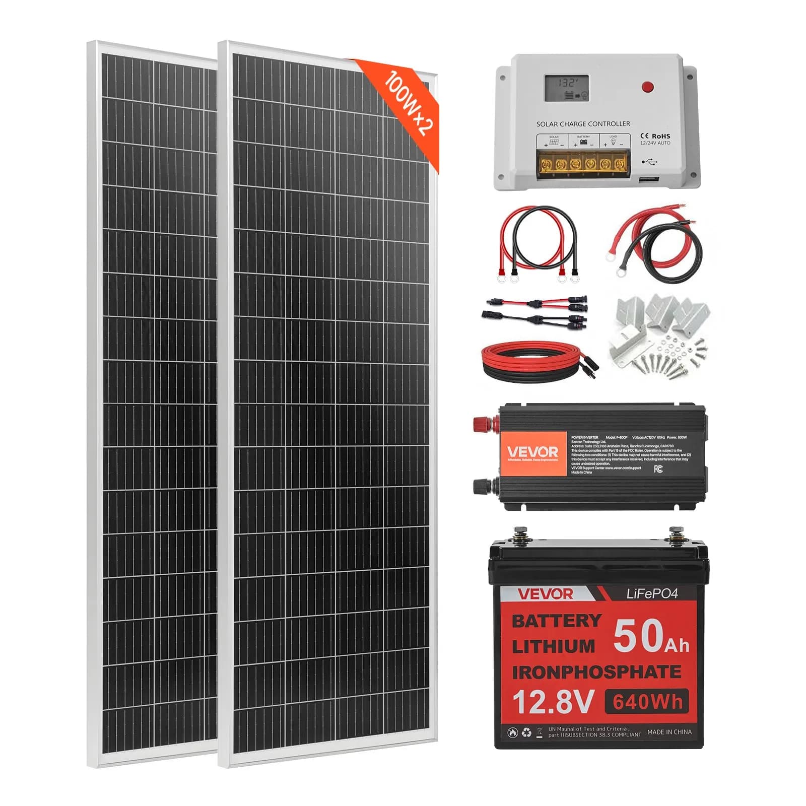 Пълен соларен комплект – 200W 12V с 50Ah LiFePO₄ батерия и 800W инвертор