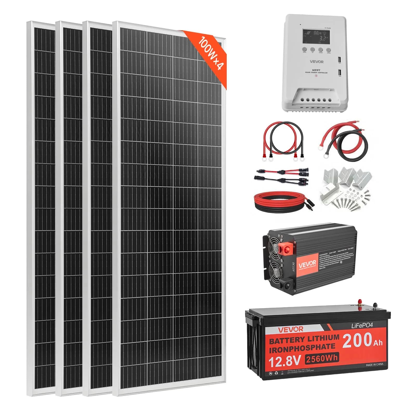 Пълен соларен комплект – 400W 12V с 200Ah LiFePO₄ батерия и 2000W инвертор