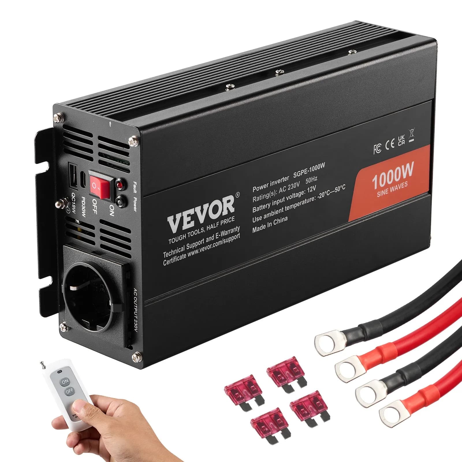 Инвертор с чиста синусоида 1000 W, 12 V към 230 V