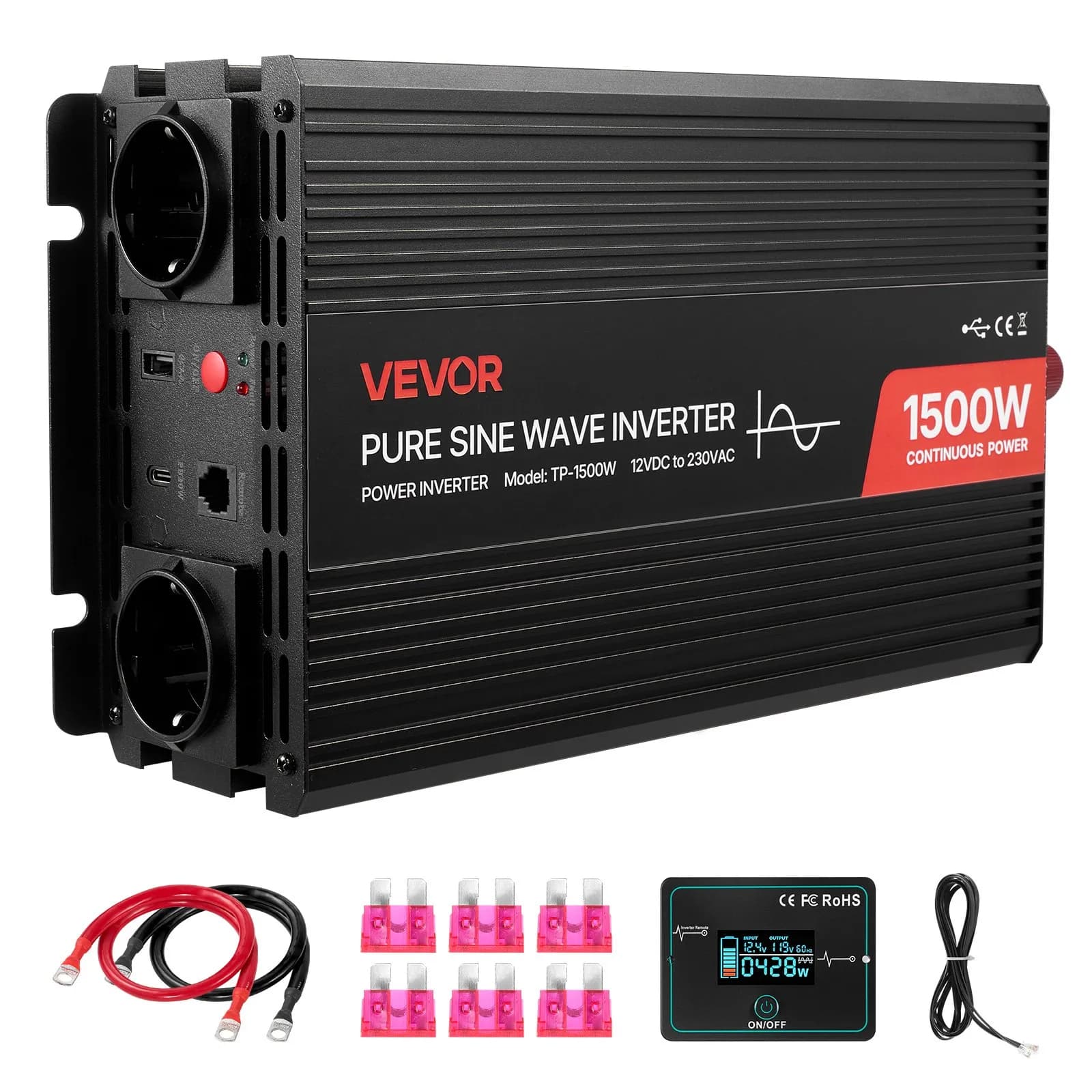 Инвертор с чиста синусоида 1500 W, 12 V към 230 V
