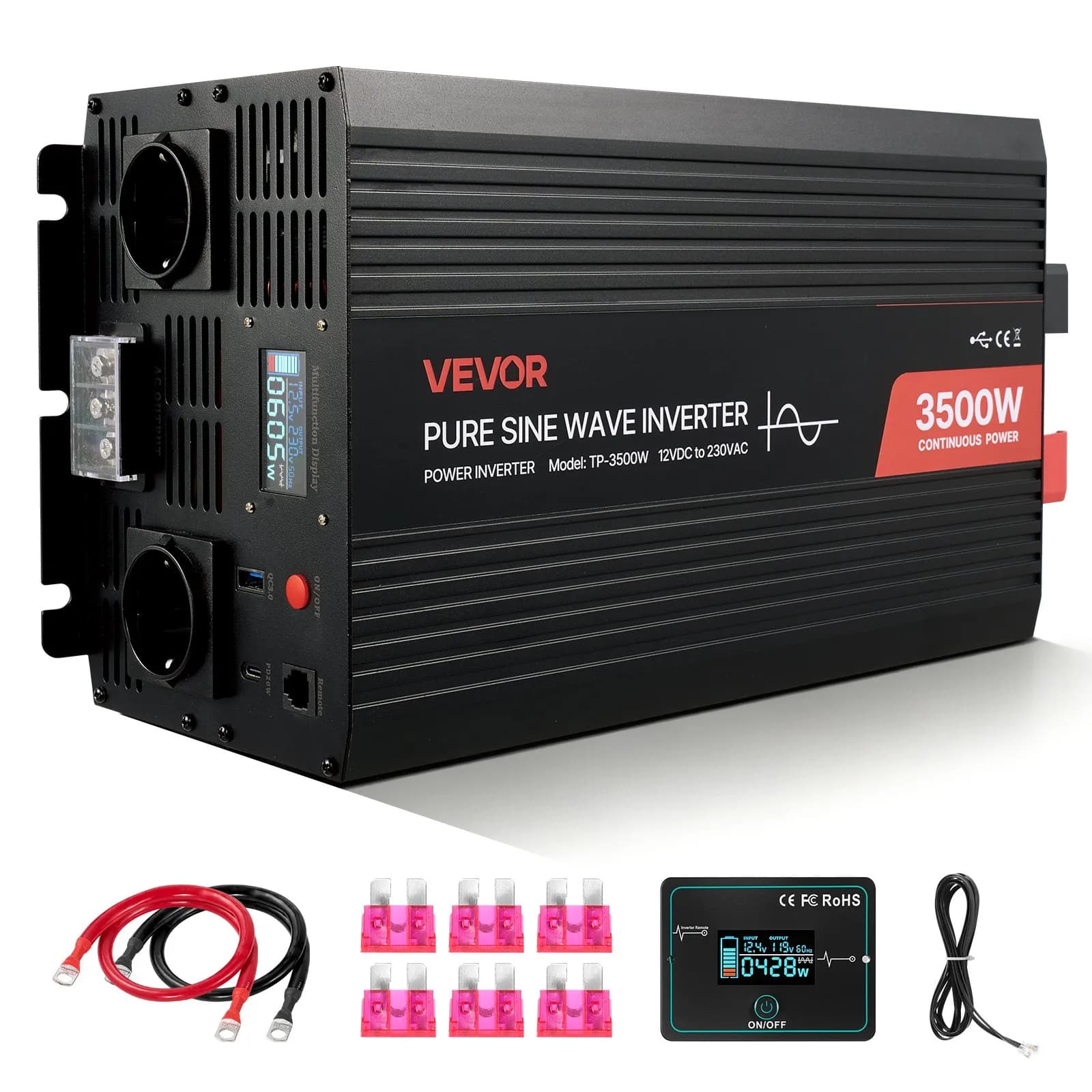 Инвертор с чиста синусоида 12 V към 230 V, LCD и дистанционно