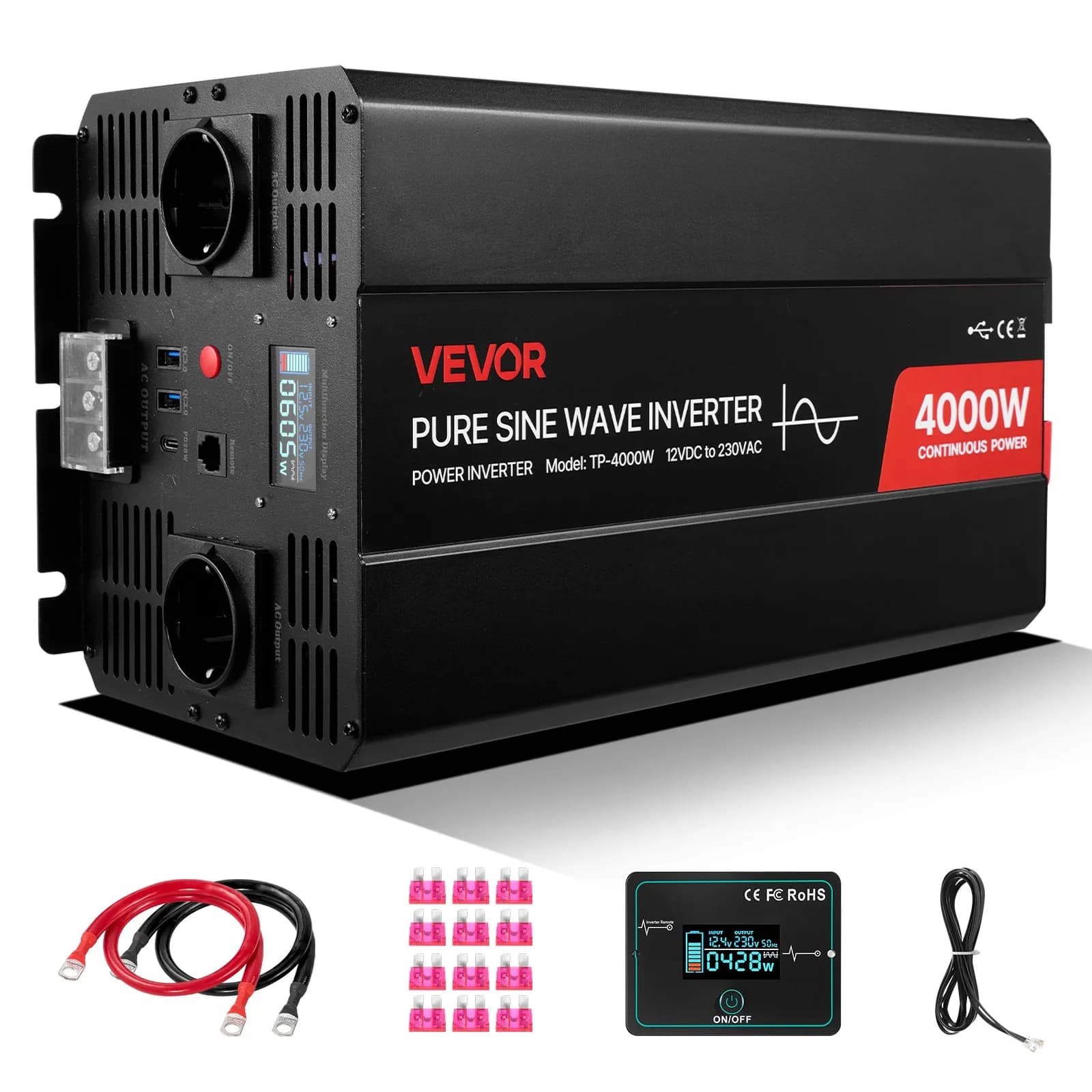 Инвертор с чиста синусоида 4000 W, 12 V към 230 V