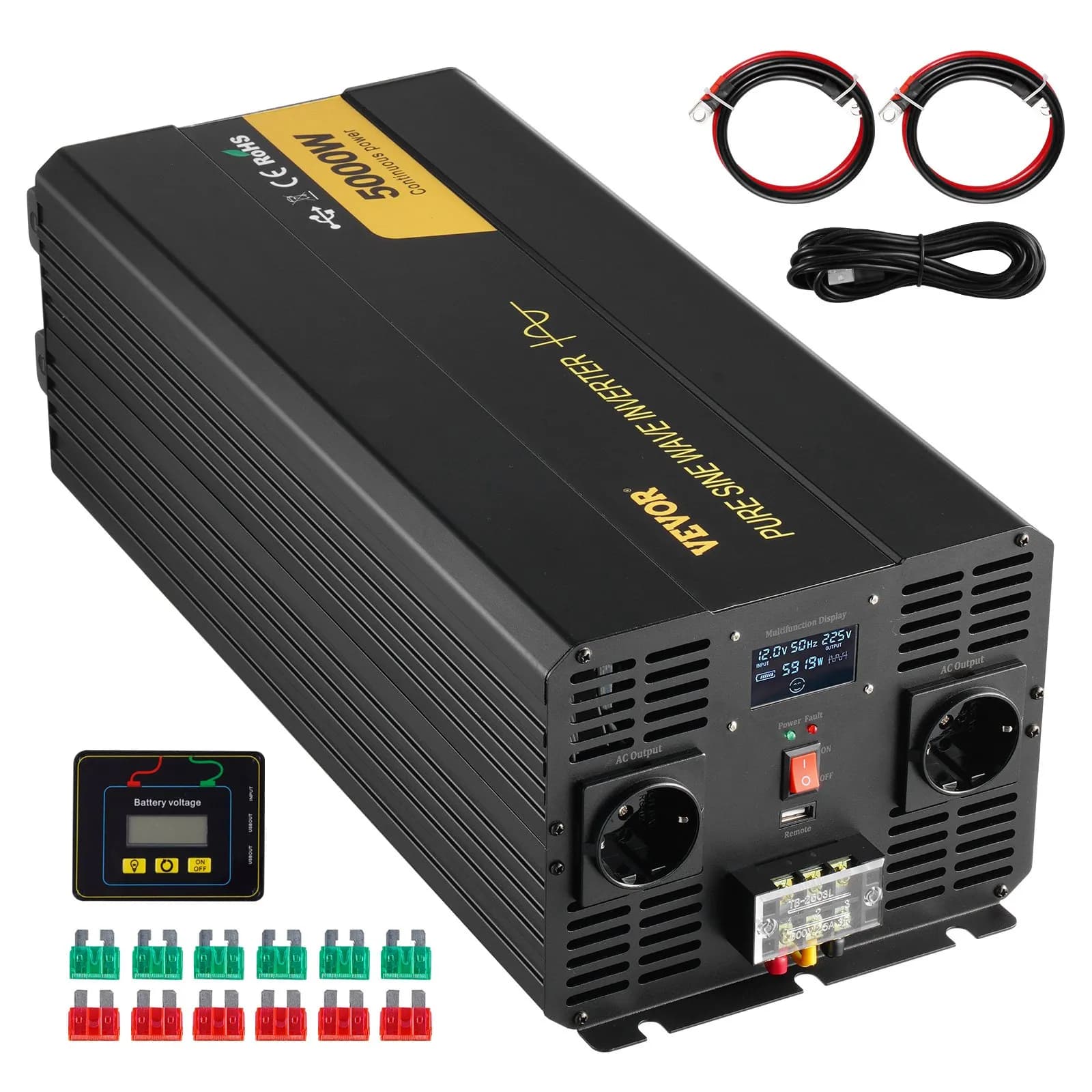 Инвертор с чиста синусоида 5000 W, 12 V към 230 V