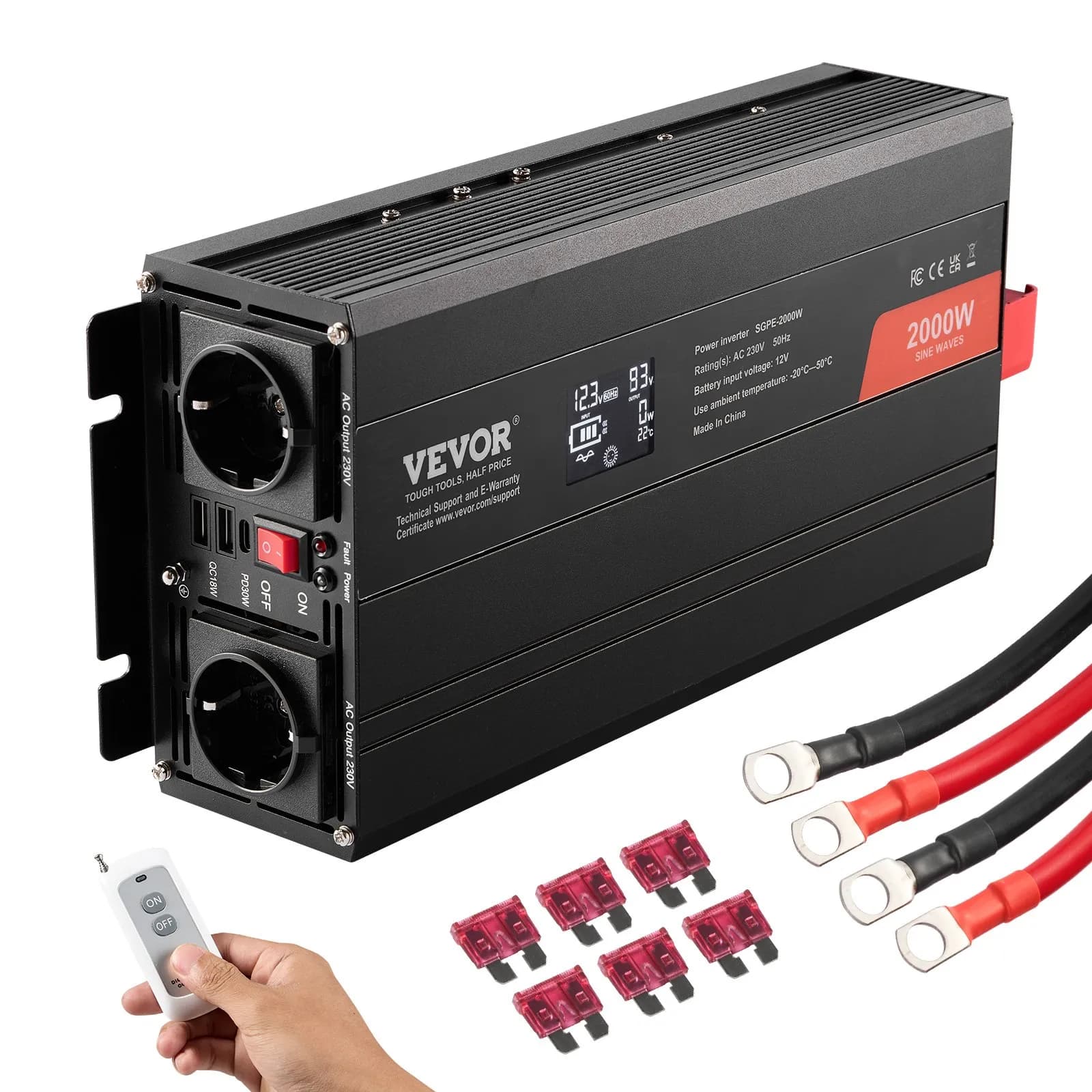 Инвертор с чиста синусоида 2000 W, 12 V с безжично дистанционно