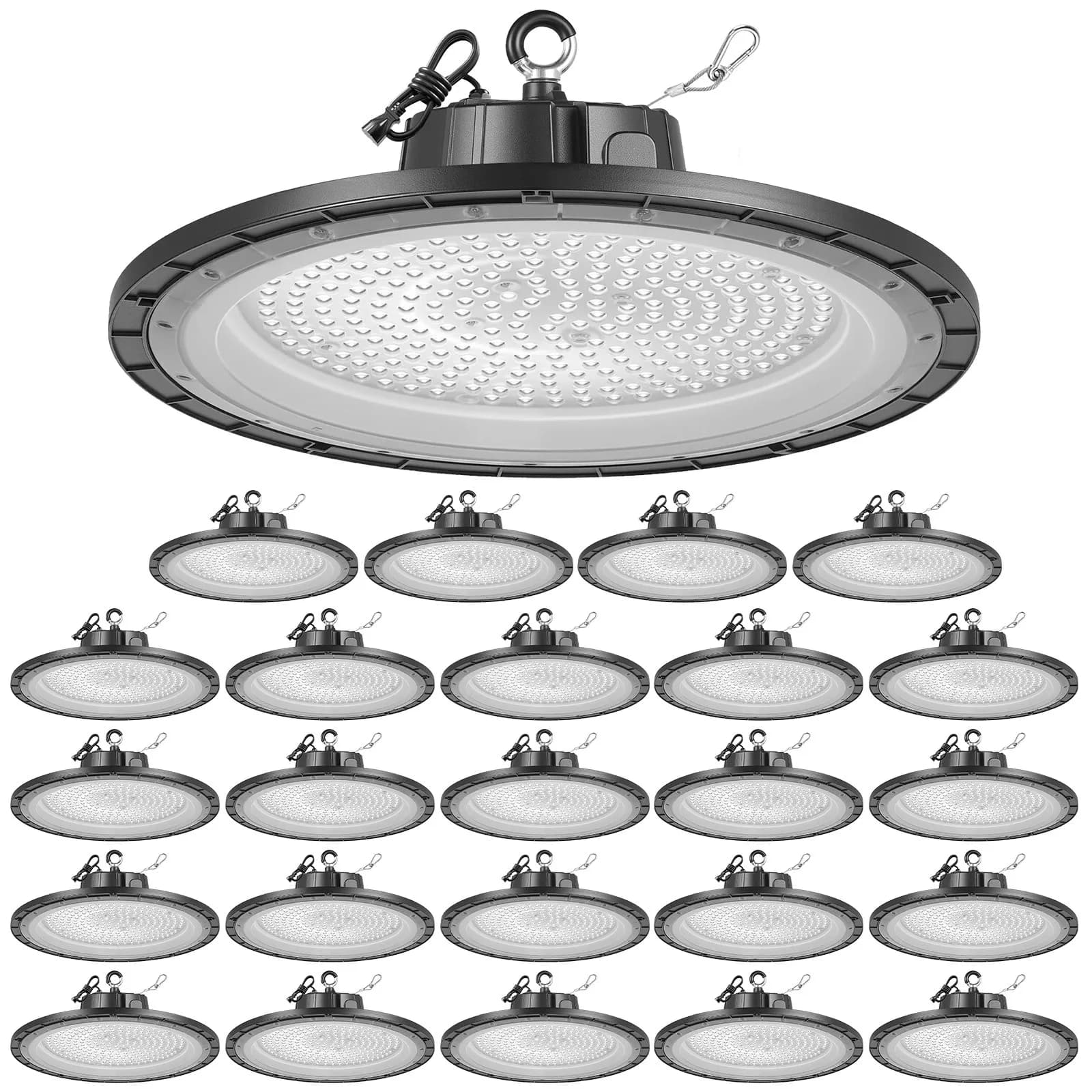 20 бр. LED Високо-Тавански Светлини 150W 21000 лумена – UFO Дизайн IP65 100-277V за Склад Цех Фабрика Гараж и Фитнес