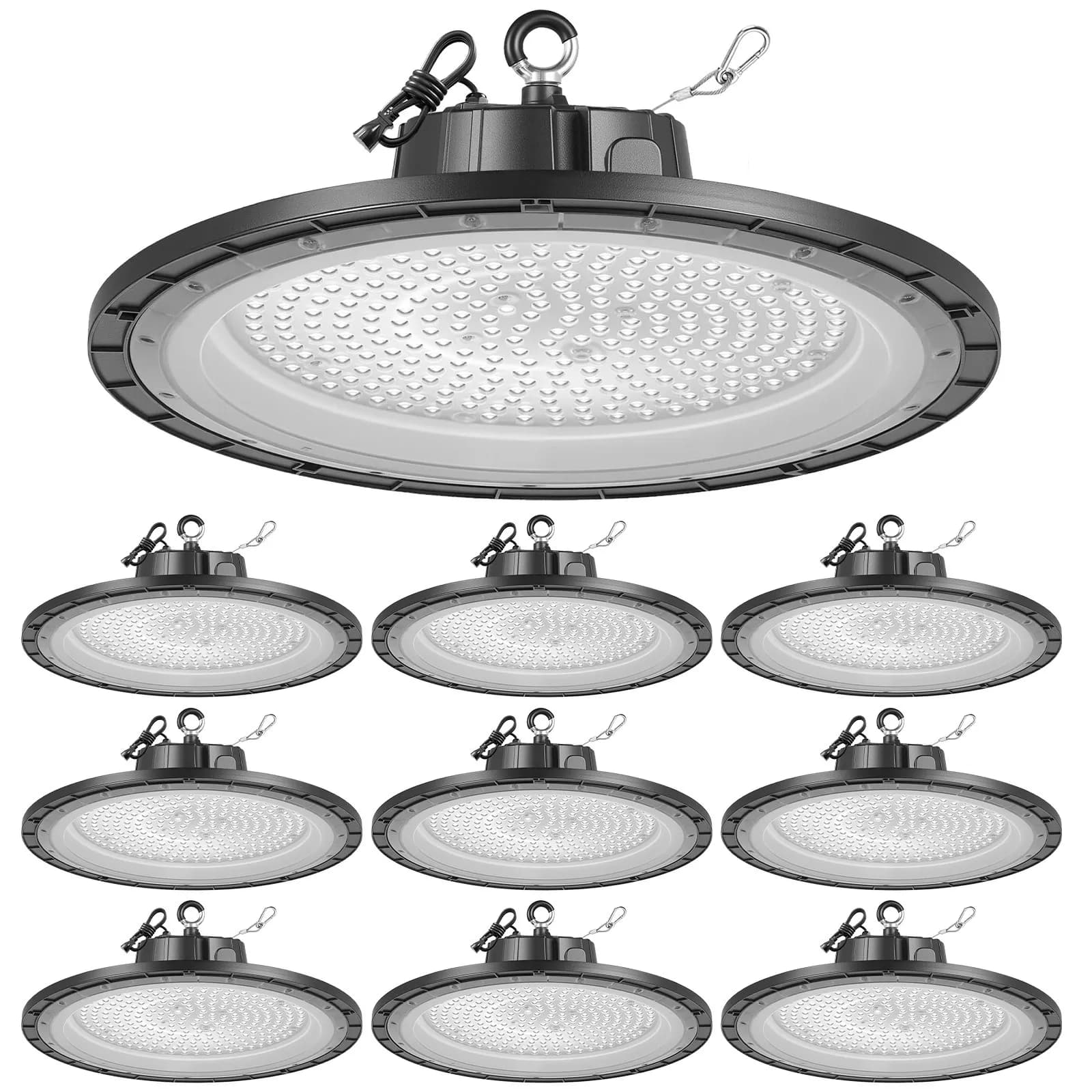 10 бр. LED Високо-Тавански Светлини 200W 30000 лумена – Супер Ярки UFO Светлини IP65 100-277V за Склад Цех и Фабрика