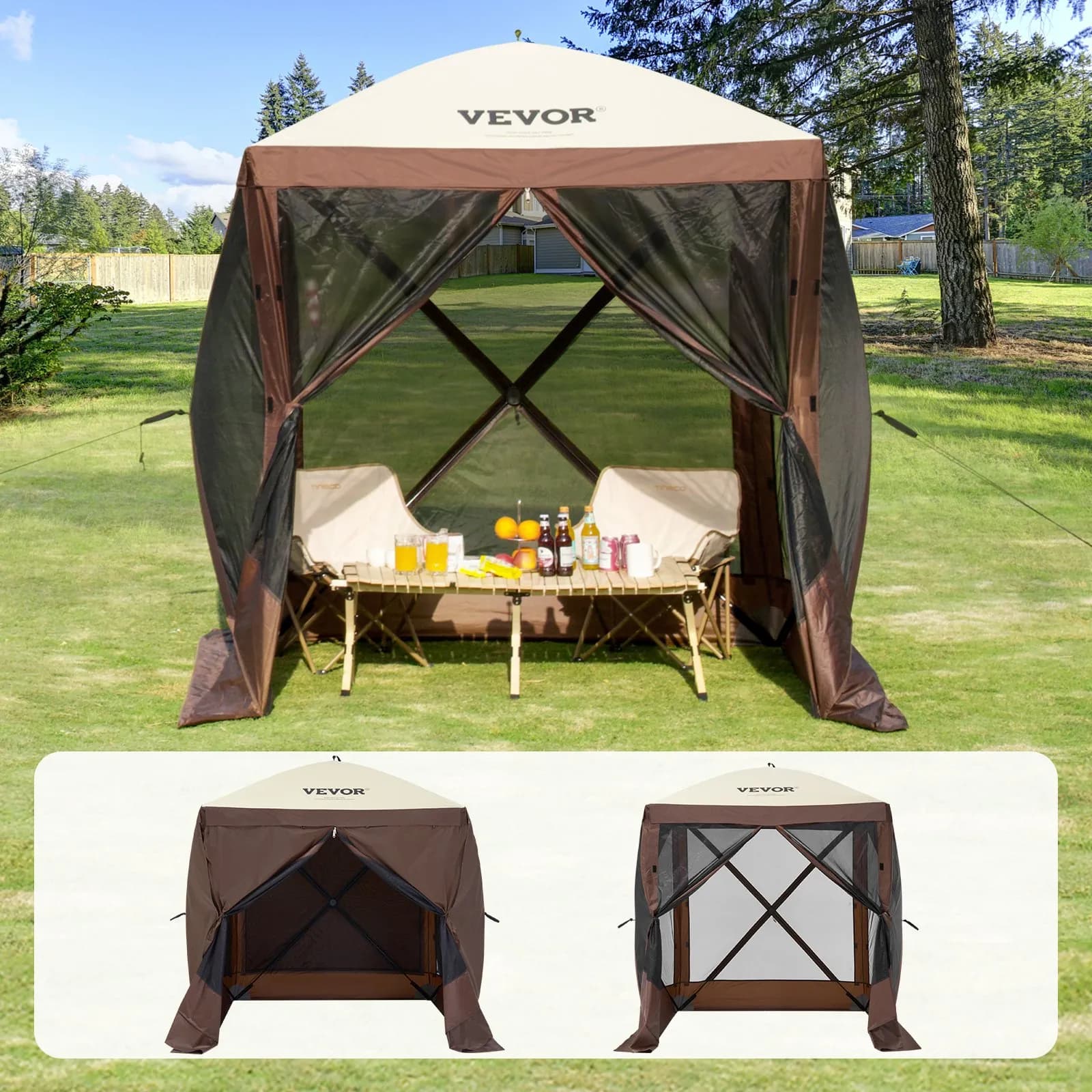 Компактна Pop-up шатра 2.4x2.4 m – градинска беседка с мрежа (кафява)