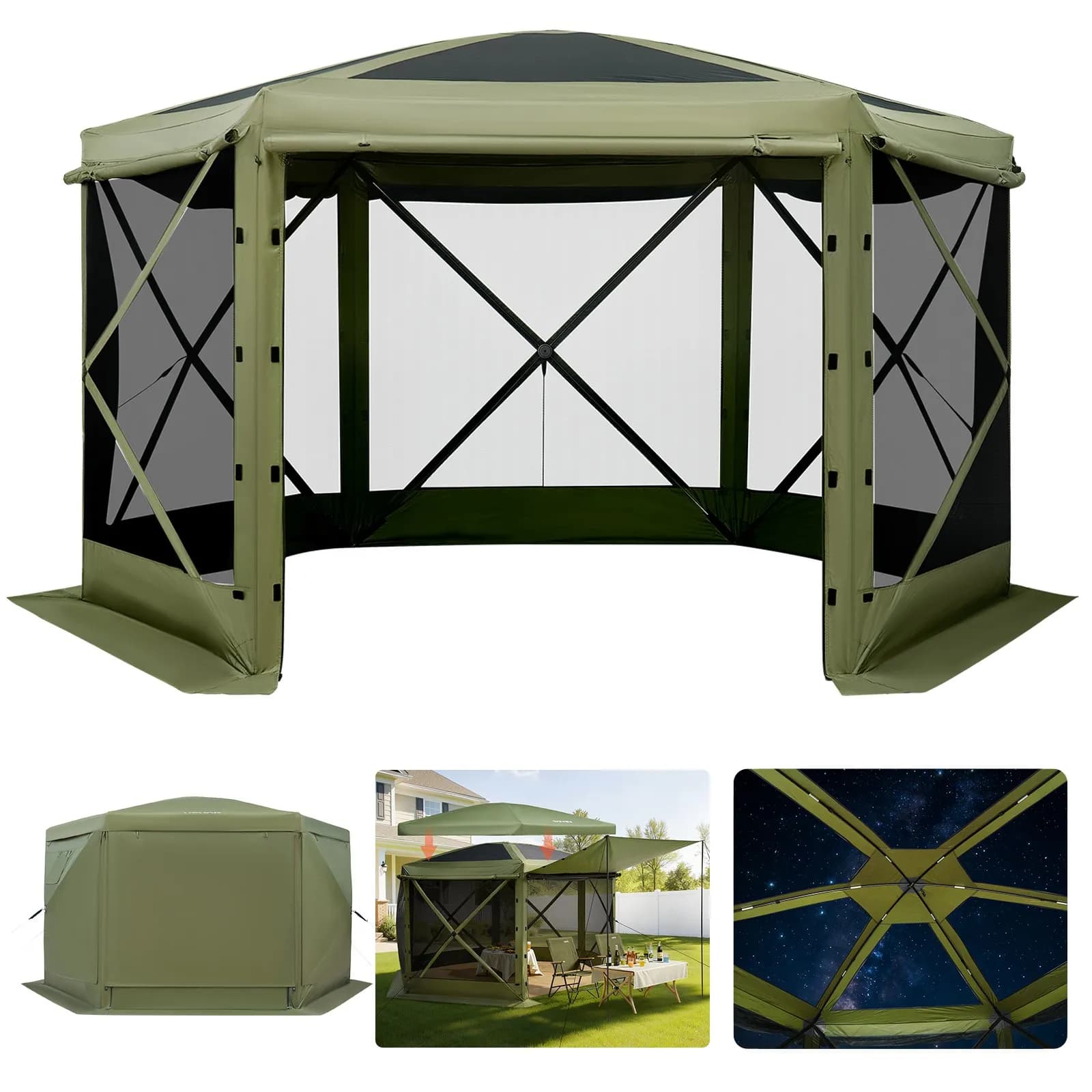 Гигантска 6-странна Pop-up шатра 3.6x3.6 m – зелена за 8-10 души