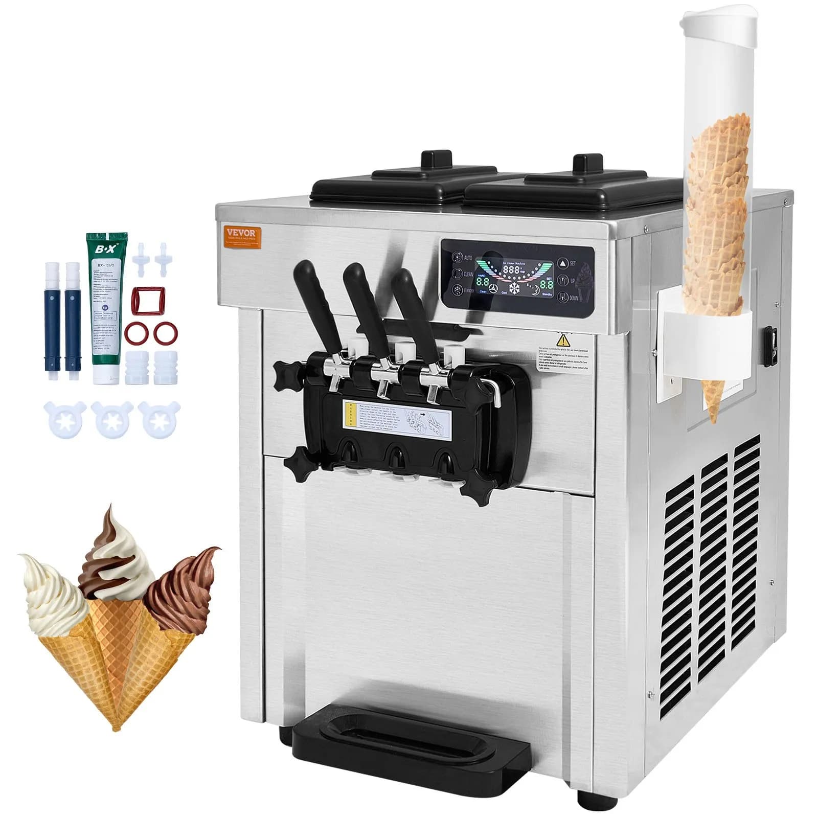 Професионална Настолна Машина за Мек Сладолед 2200W – 28L/h 3 Вкуса с LCD Контрол