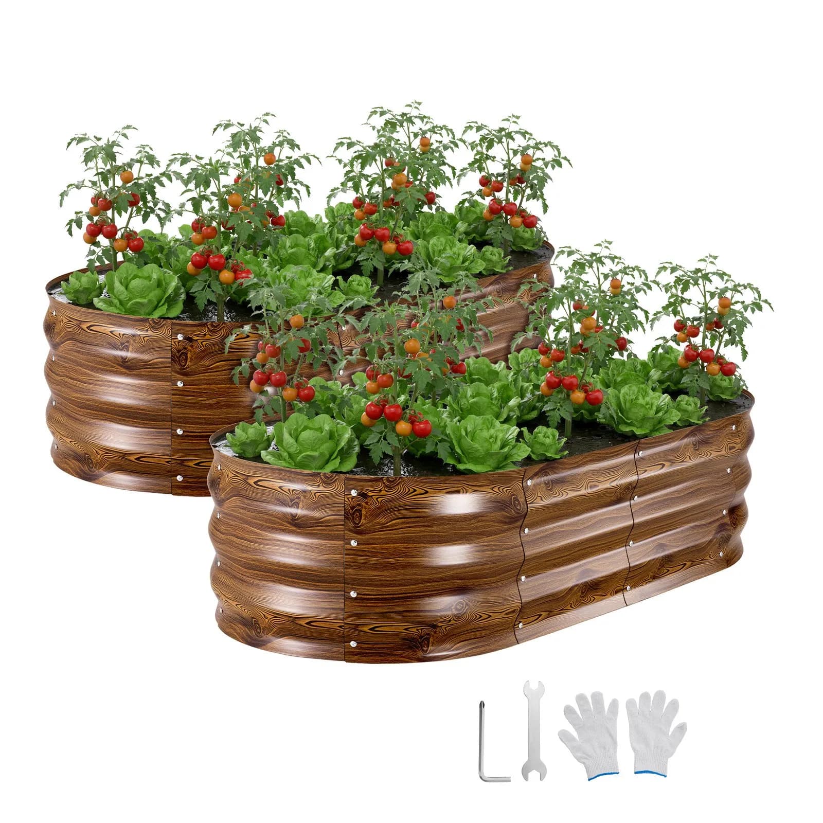 Две овални метални лехи 120 × 60 × 30 см, дървесен десен