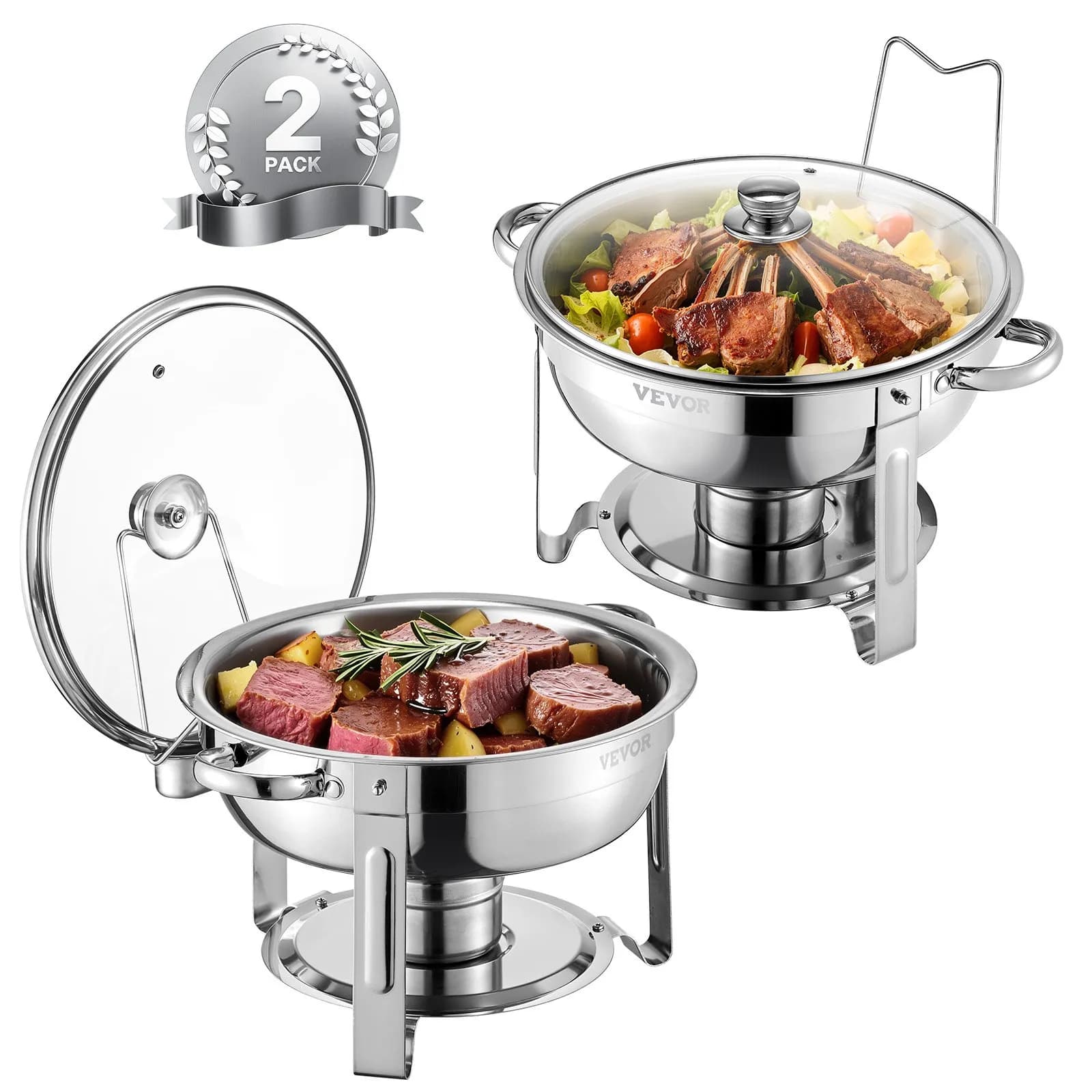 Два кръгли чафинг съда със стъклени капаци, 5 Qt