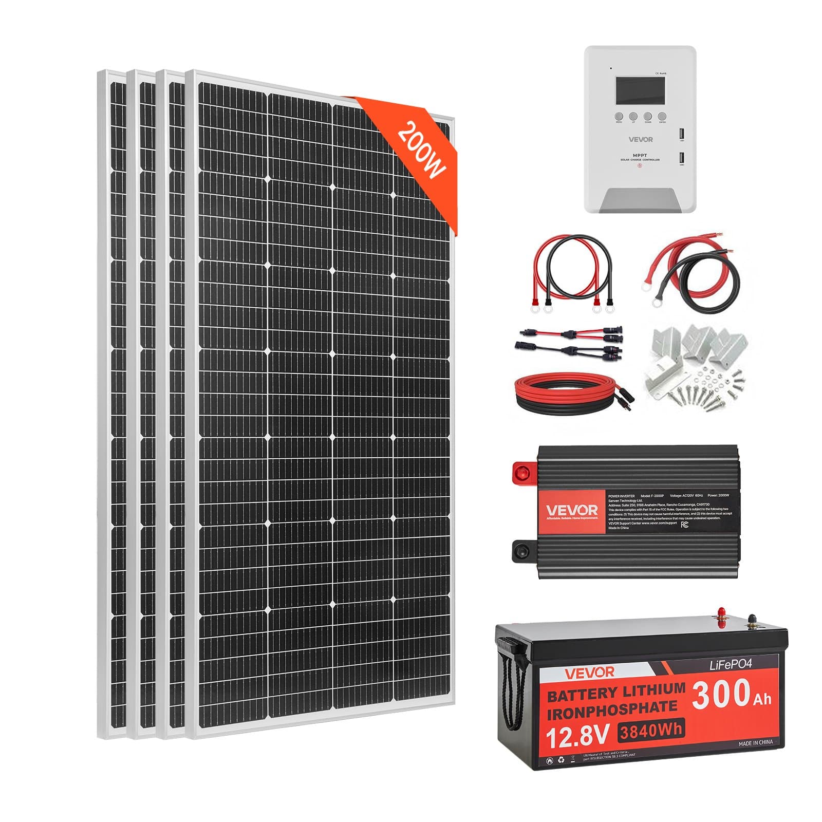 Соларна система 800W 12V 4 бр. монокристални панела 200W LiFePO4 батерия 12 8V 300Ah MPPT контролер 60A инвертор 2000W