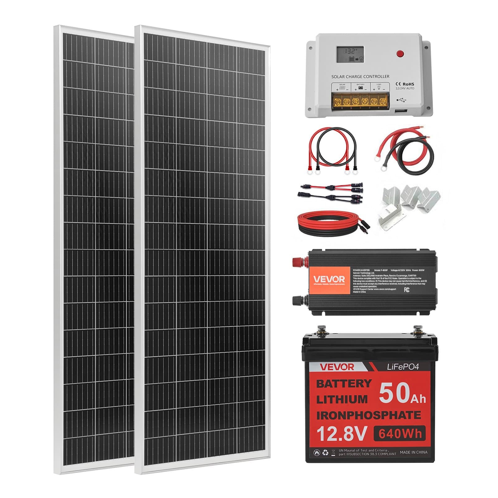 Соларна система 200W 12V 2 бр. монокристални панела 100W LiFePO4 батерия 12 8V 50Ah контролер 40A инвертор 800W